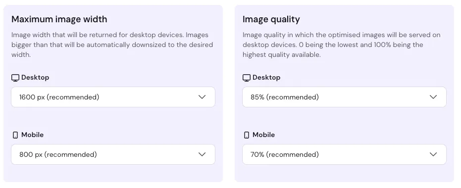 Image optimization settings for maximum width and quality on desktop and mobile