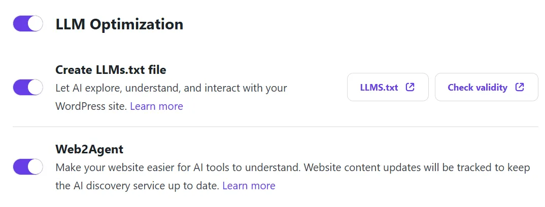WordPress LLM Optimization settings with the LLMs.txt file toggle enabled