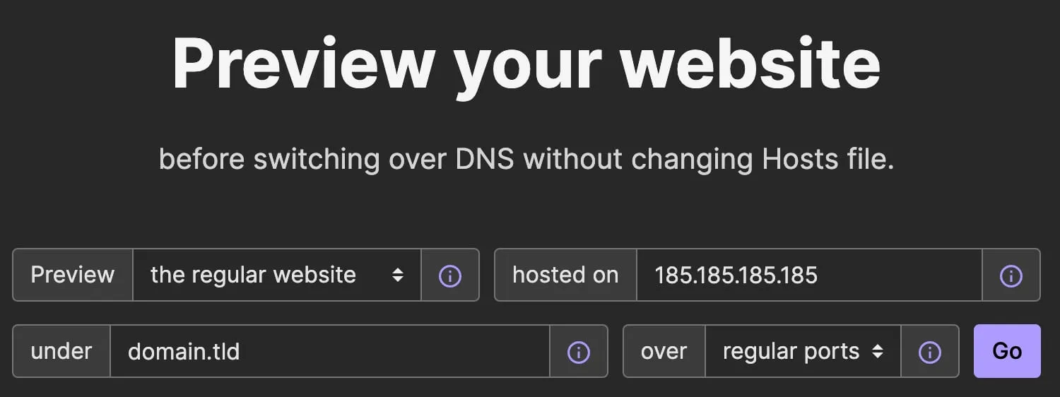 Hostinger 预览网站表单,已选择普通网站选项并显示 domain.tld 字段