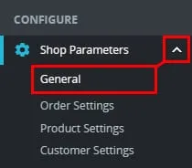 PrestaShop 管理菜单，Shop Parameters 已展开，General 已高亮显示