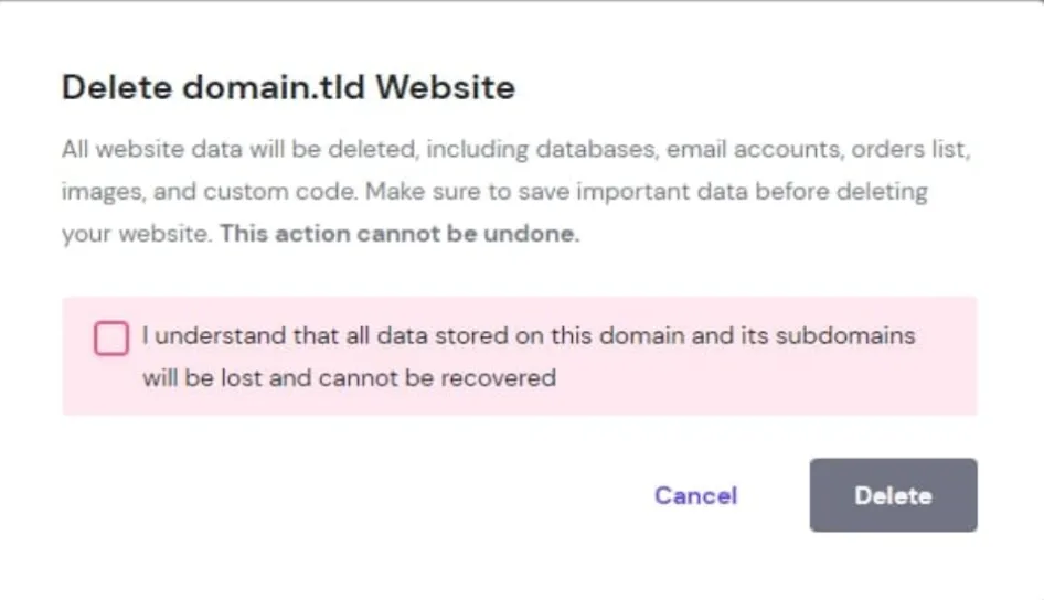 Hostinger 删除网站对话框,包含确认复选框和 Delete 按钮