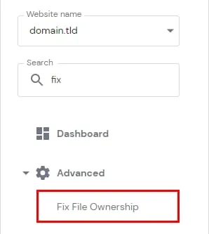 Hostinger hPanel 面板菜单,Advanced 下方的 Fix File Ownership 已高亮显示