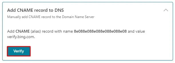 Hostinger DNS 面板显示 Add CNAME record to DNS，Verify 按钮已高亮显示
