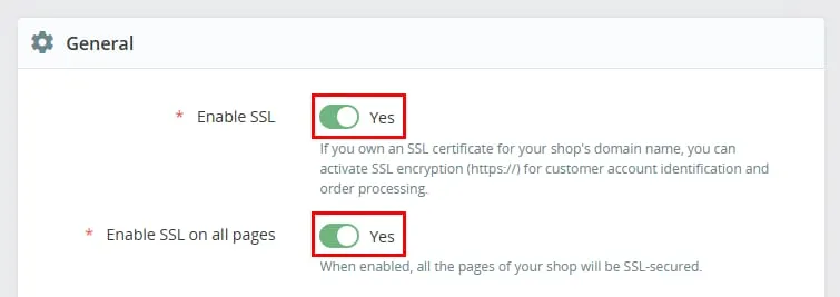 PrestaShop 设置，商店及所有页面的 SSL 开关均已启用