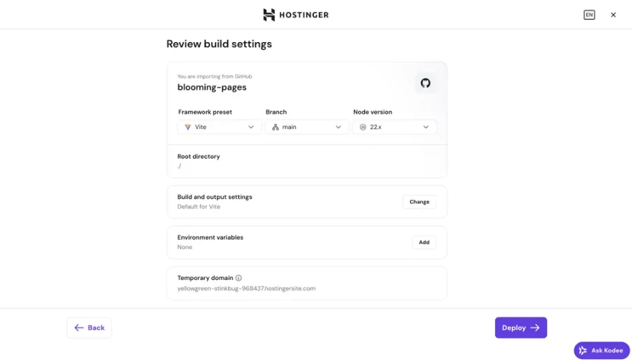 Hostinger 的 GitHub 应用部署审核页面，包含 Deploy 按钮和构建设置表单