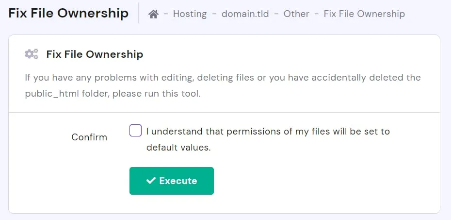 Hostinger Fix File Ownership 工具,包含确认复选框和 Execute 按钮