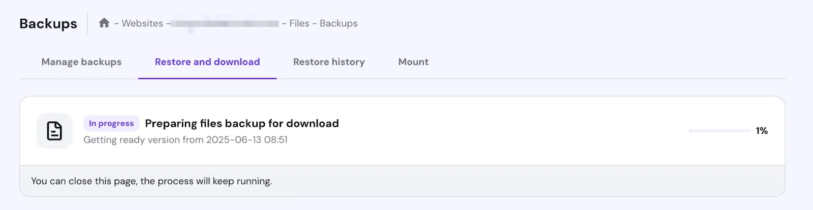 Hostinger backups page with Restore and download tab selected, preparing files backup for download at 1%