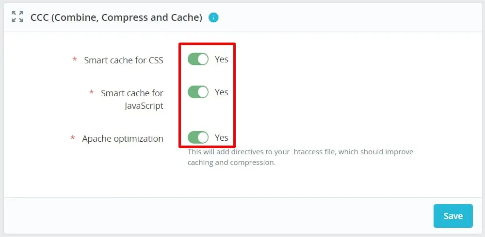PrestaShop CCC 设置，CSS、JavaScript 的智能缓存以及 Apache 优化开关均设置为 Yes