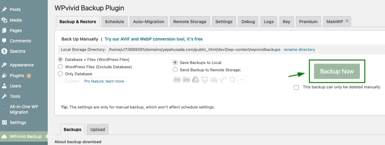 WordPress 控制面板中突出显示 WPvivid Backup Plugin 的 Backup Now 按钮