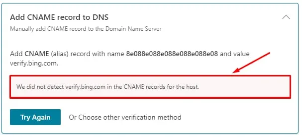 Bing Search Console CNAME 验证错误：DNS 记录中未检测到 verify.bing.com