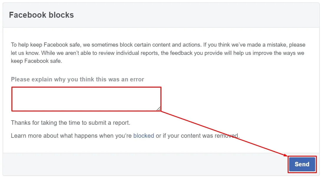 Facebook 屏蔽申诉表单,突出显示文本框和 Send 按钮