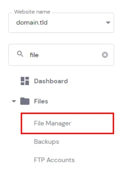 Hostinger hPanel Files 菜单,File Manager 已高亮显示