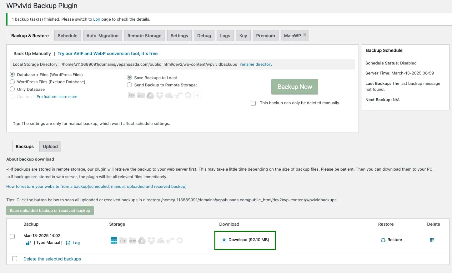 WPvivid Backup Plugin 备份列表中突出显示的 Download backup 按钮