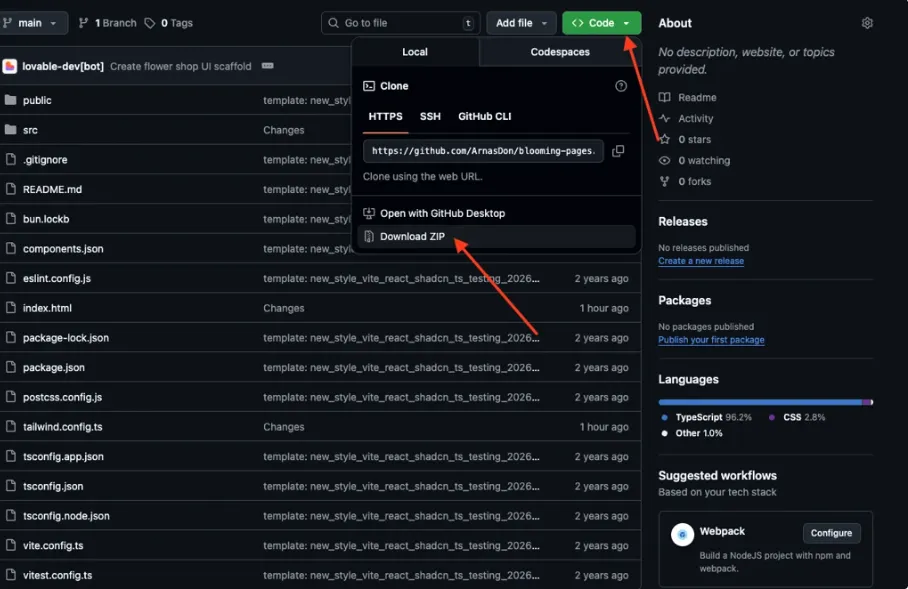 GitHub 仓库代码菜单，Download ZIP 选项被高亮显示