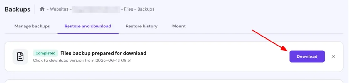 Hostinger backups page with Download button highlighted for a prepared files backup