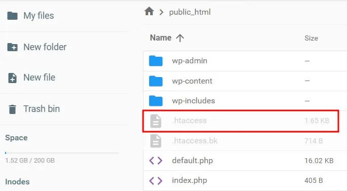 Hostinger 文件管理器,在 public_html 中突出显示 .htaccess 文件