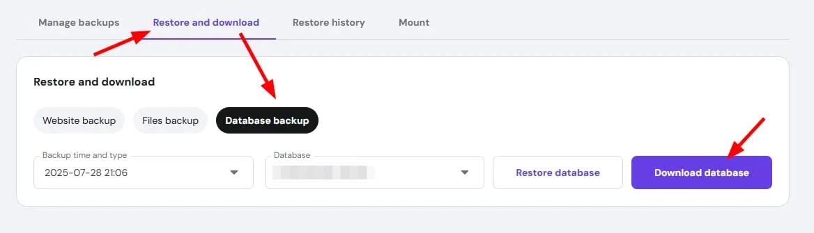Hostinger backup restore page with Database backup tab and Download database button highlighted