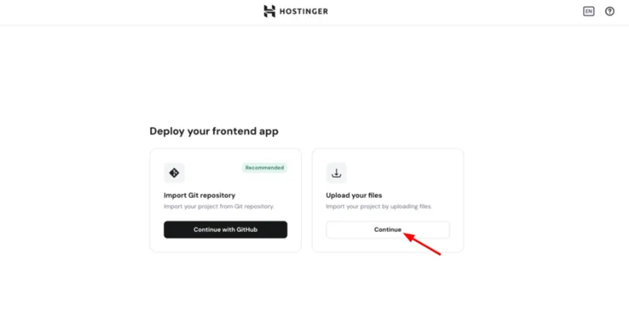Hostinger 前端应用部署界面，Upload your files 的 Continue 按钮被高亮显示