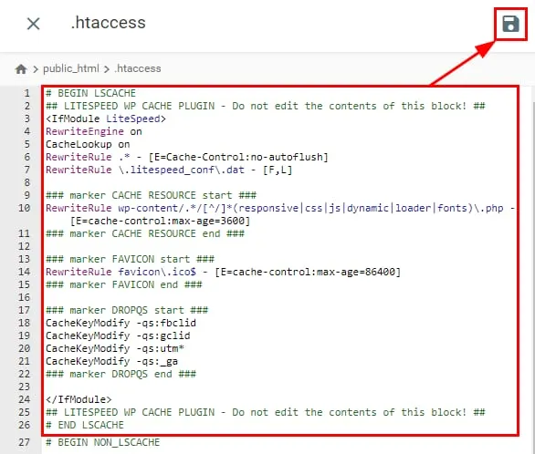 .htaccess 文件中的 LiteSpeed 缓存规则,右上角突出显示保存图标