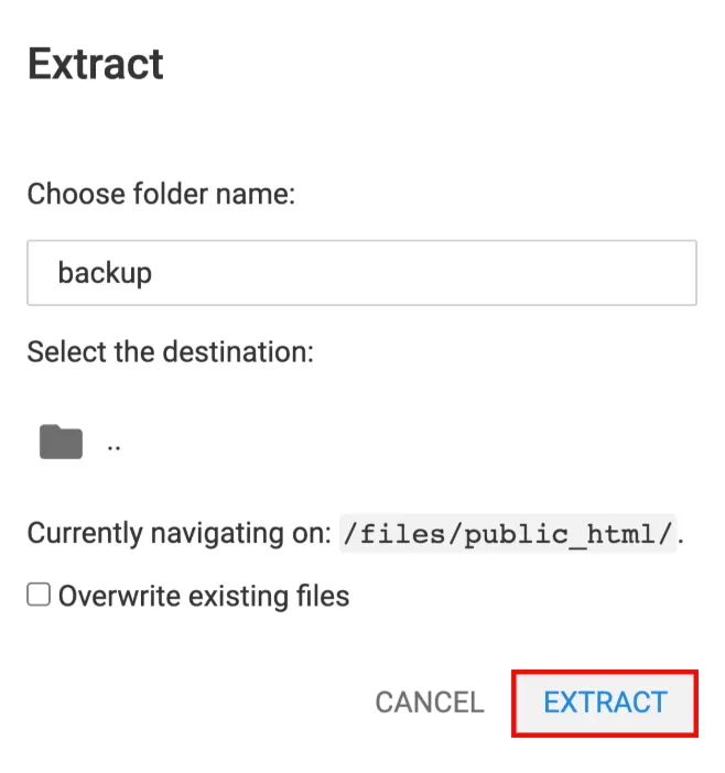 备份解压对话框,Extract 按钮已高亮显示