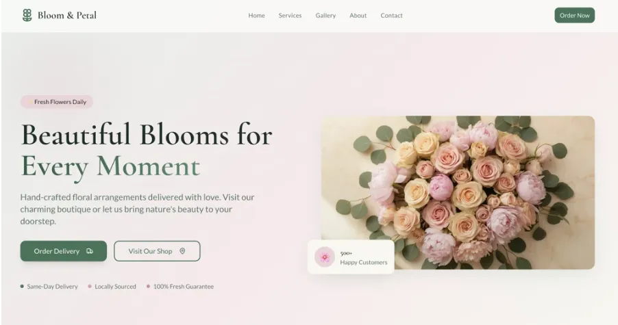 花店首页，花束主图，写着“Beautiful Blooms for Every Moment”以及订购按钮