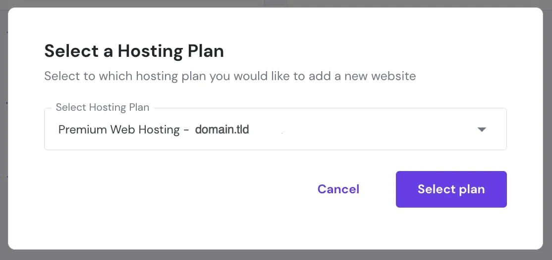 Hostinger dialog to select Premium Web Hosting plan and click Select plan