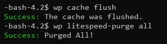 终端显示 WP-CLI 缓存清除命令及 LiteSpeed 缓存清除成功的提示信息