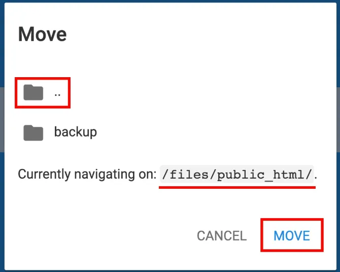 Hostinger 文件管理器移动对话框,上级文件夹 ".." 已高亮,Move 按钮可见