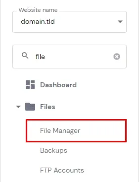 Hostinger panel File Manager option highlighted in the Files menu