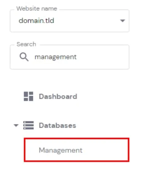 Hostinger hPanel 侧边栏,Databases 下的 Management 子菜单已高亮显示