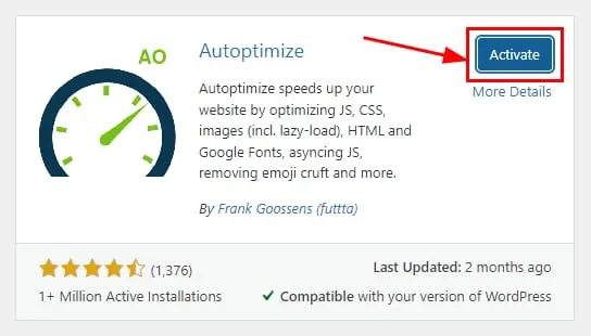 WordPress 插件 Autoptimize,其中“启用”按钮已高亮显示