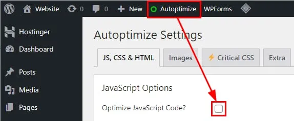 Autoptimize 设置页面,其中“优化 JavaScript 代码”复选框已高亮显示