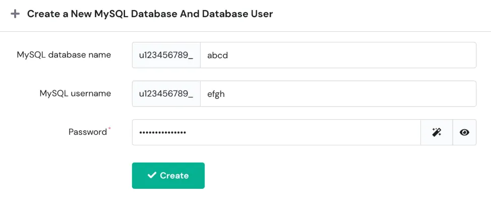 MySQL 数据库创建表单,包含数据库名称、用户名、密码字段和 Create 按钮