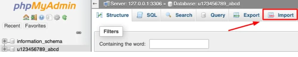 phpMyAdmin 数据库视图,Import 选项卡已高亮显示