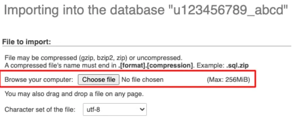 phpMyAdmin 导入页面,文件上传字段和 Choose file 按钮已高亮显示