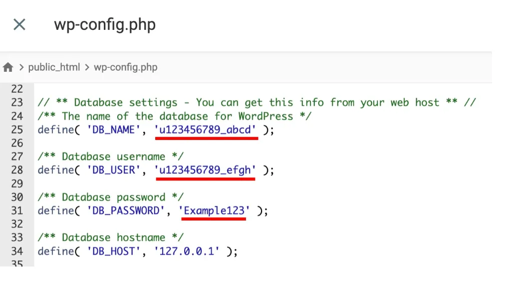 WordPress wp-config.php 文件,数据库名称、用户名和密码字段已高亮显示