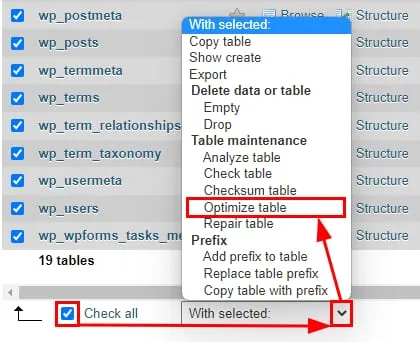 WordPress 数据库表列表,批量操作菜单中的“优化表”选项已高亮显示