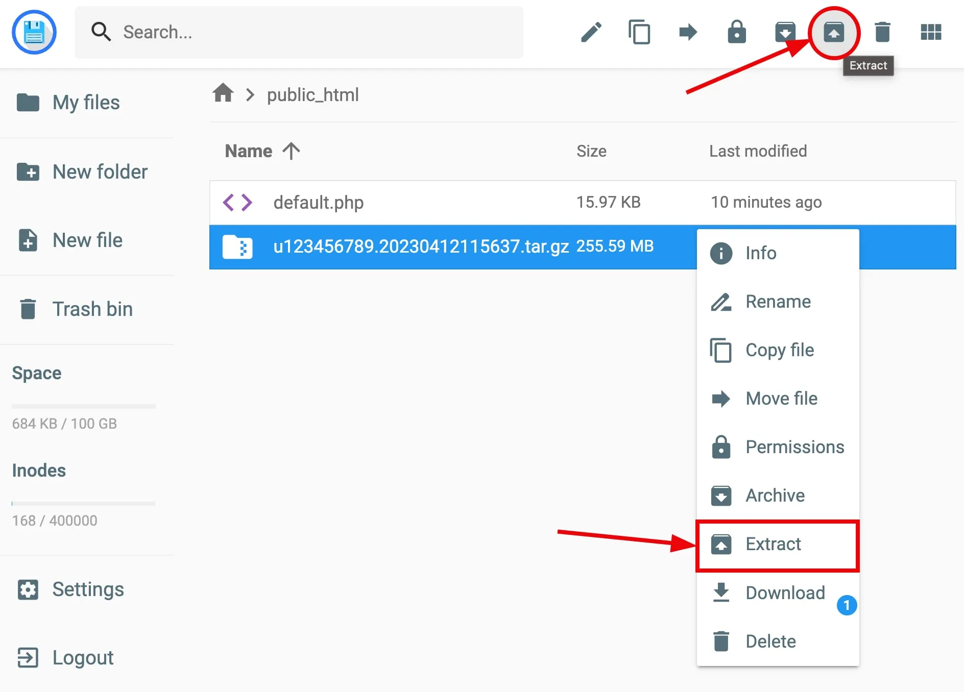 Hostinger file manager with the Extract option highlighted for a selected .tar.gz archive