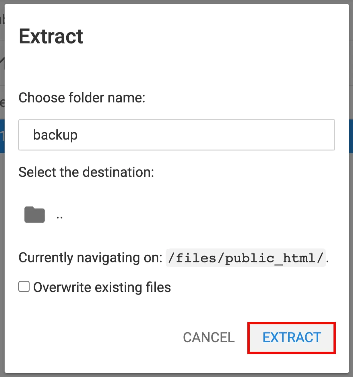 Hostinger file manager Extract dialog with the Extract button highlighted