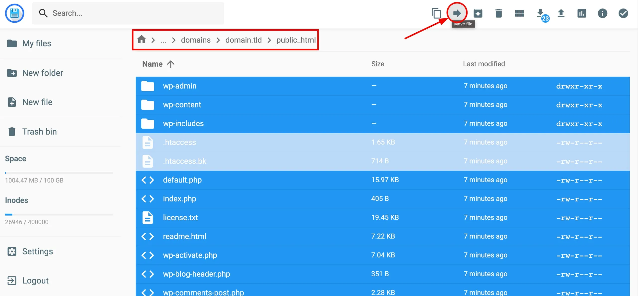 File manager with WordPress files selected and the Move file button highlighted in the toolbar