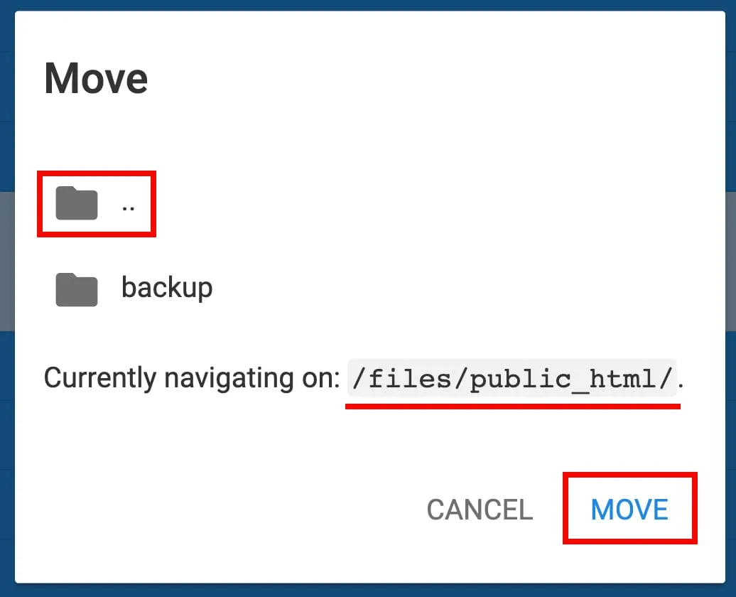 File manager move dialog showing current path /files/public_html/ and Move button highlighted