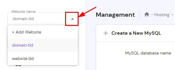 Hostinger management panel with the website name dropdown arrow highlighted
