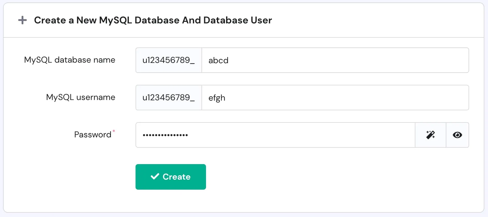 MySQL database and user creation form with a highlighted Create button