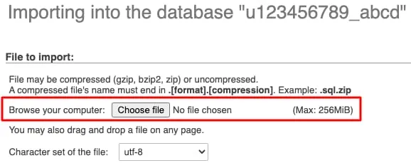 phpMyAdmin import page with highlighted file upload field and Choose file button