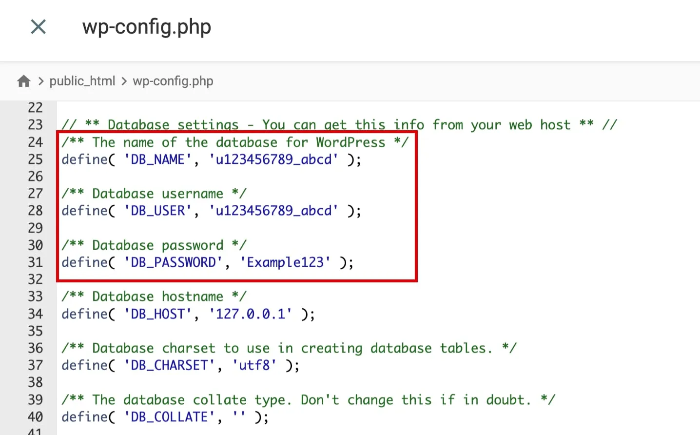 Hostinger file editor showing wp-config.php database settings highlighted in red box
